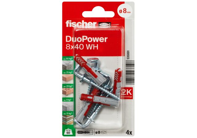 Packaging: "fischer DuoPower 8 x 40 WH with angle hook"