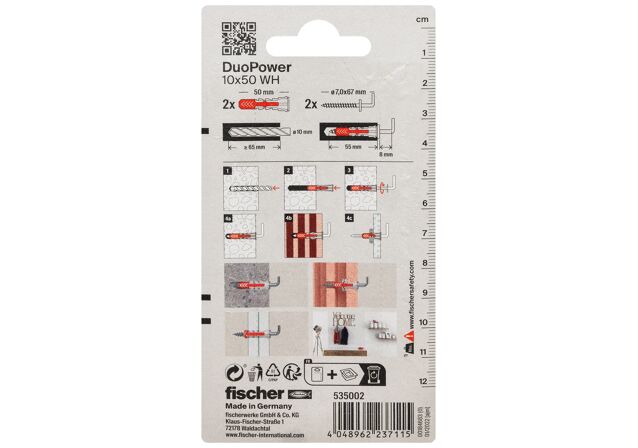 Emballasje: "fischer DuoPower universalplugg 10 x 50 WH med vinkelkrok (NOBB 51938017)"