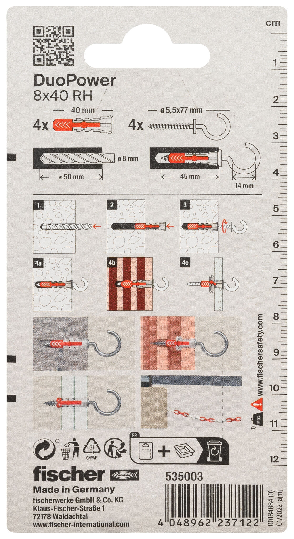Packaging: "fischer DuoPower 8 x 40 RH with round hook"