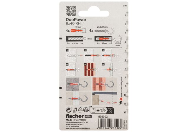 Packaging: "Cheville tous matériaux fischer DuoPower 8x40 RH avec crochet rond"