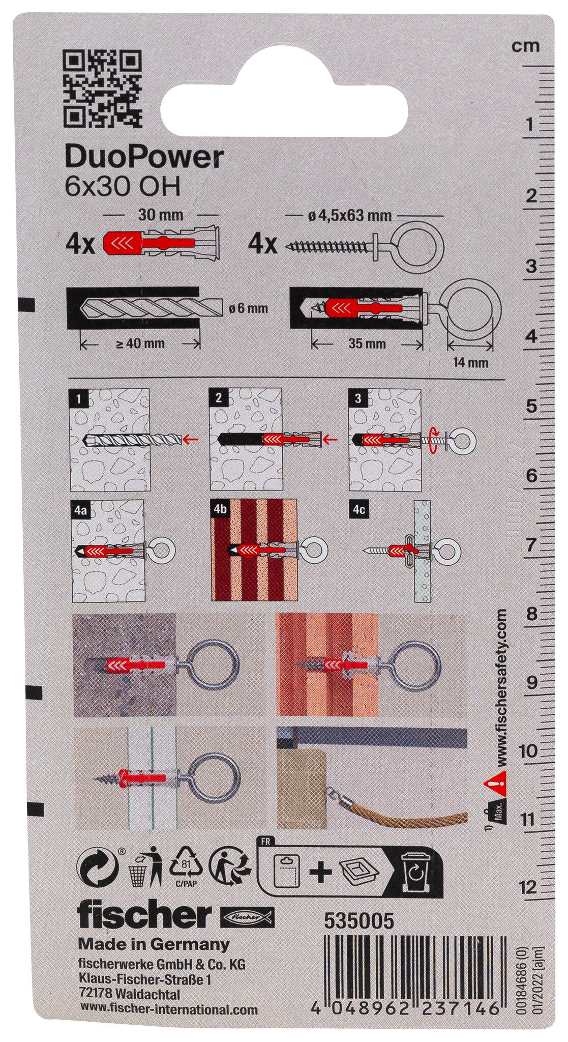 Packaging: "fischer DuoPower 6 x 30 OH with eye hook"