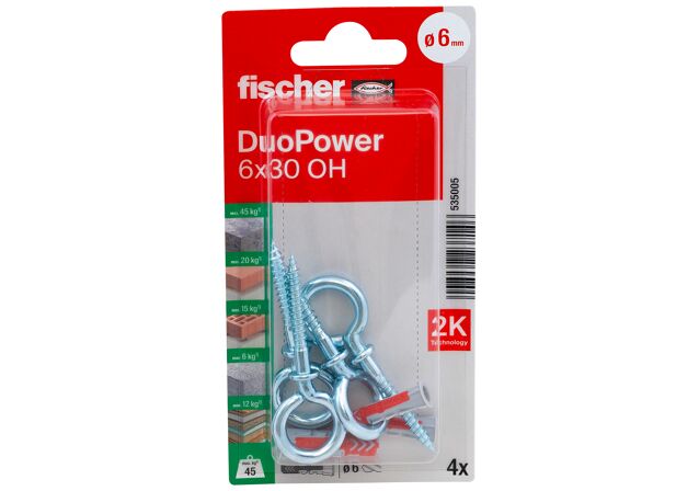 Packaging: "fischer DuoPower 6 x 30 OH with eye hook"