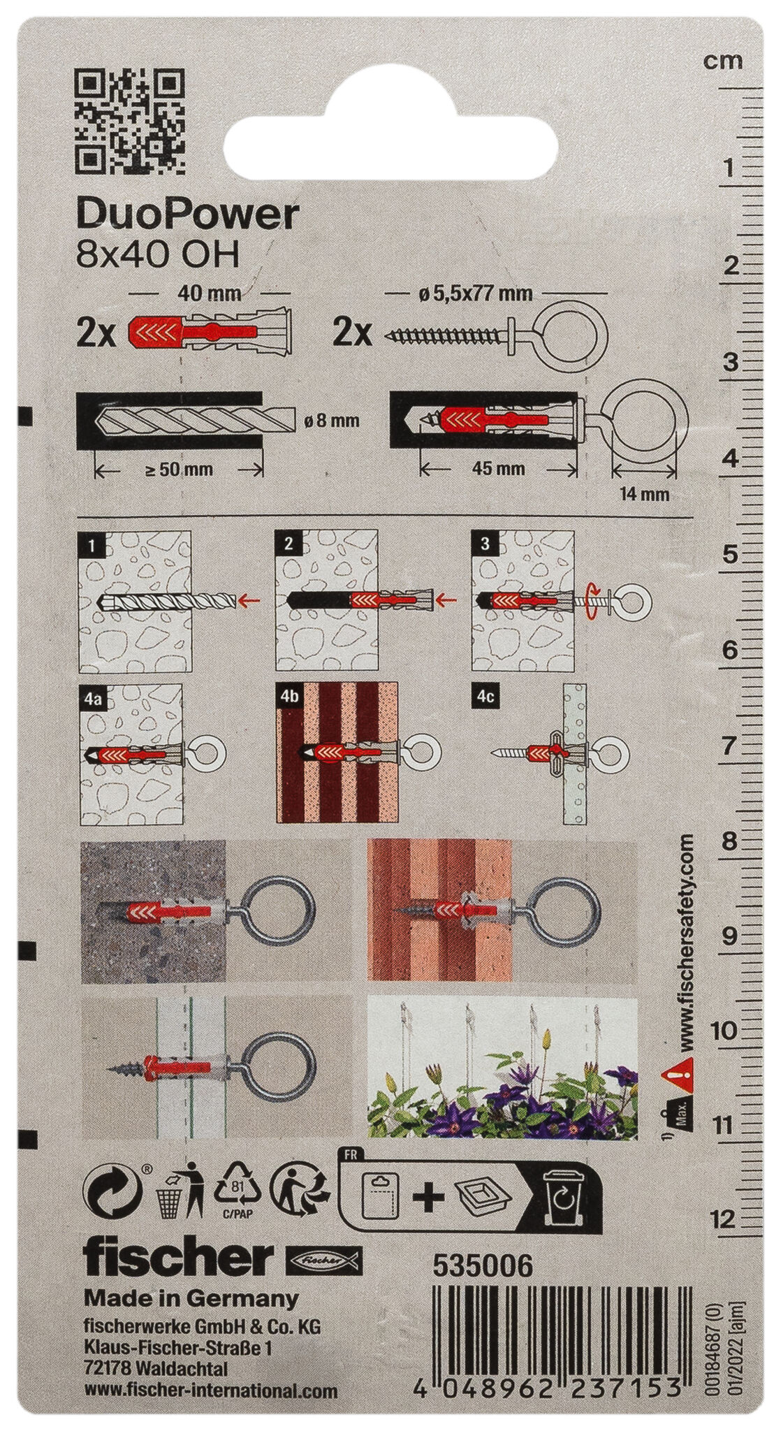 Packaging: "fischer DuoPower 8 x 40 OH with eye hook"