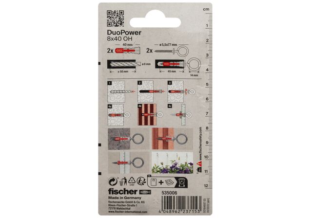Packaging: "fischer DuoPower 8 x 40 OH with eye hook"