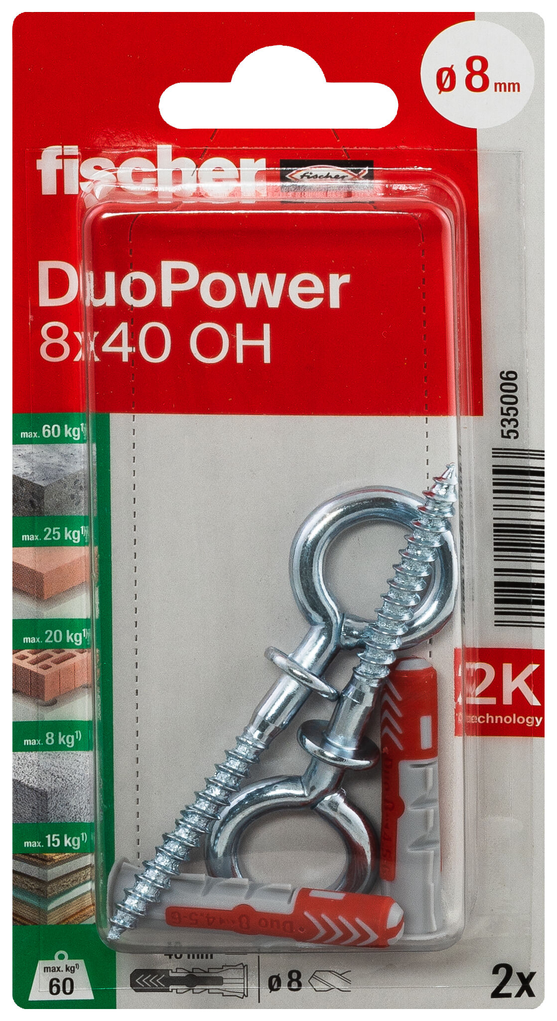 Packaging: "fischer DuoPower 8 x 40 OH with eye hook"