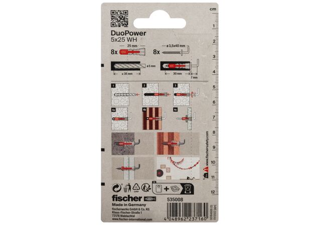 Packaging: "Cheville tous matériaux fischer DuoPower 5x25 WH avec crochet droit"