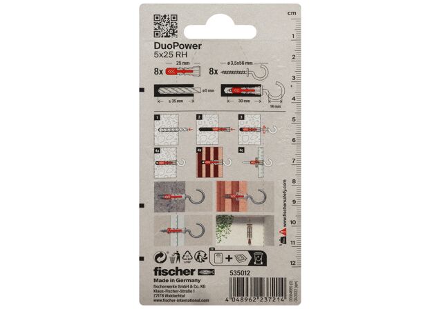 Packaging: "Cheville tous matériaux fischer DuoPower 5x25 RH avec crochet rond"