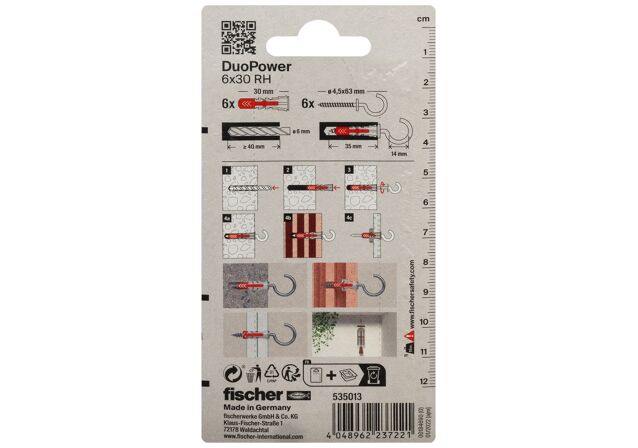 Packaging: "Cheville tous matériaux fischer DuoPower 6x30 RH avec crochet rond"