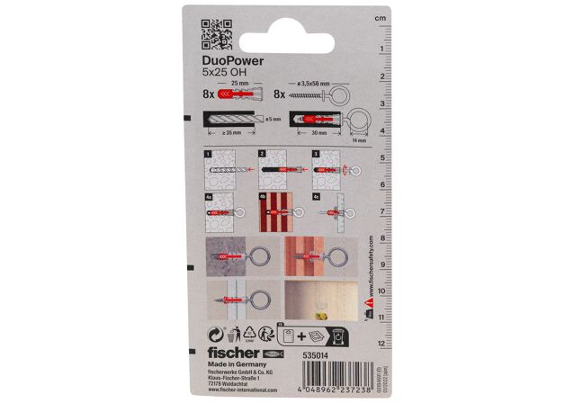 Packaging: "fischer DuoPower 5 x 25 OH with eye hook"