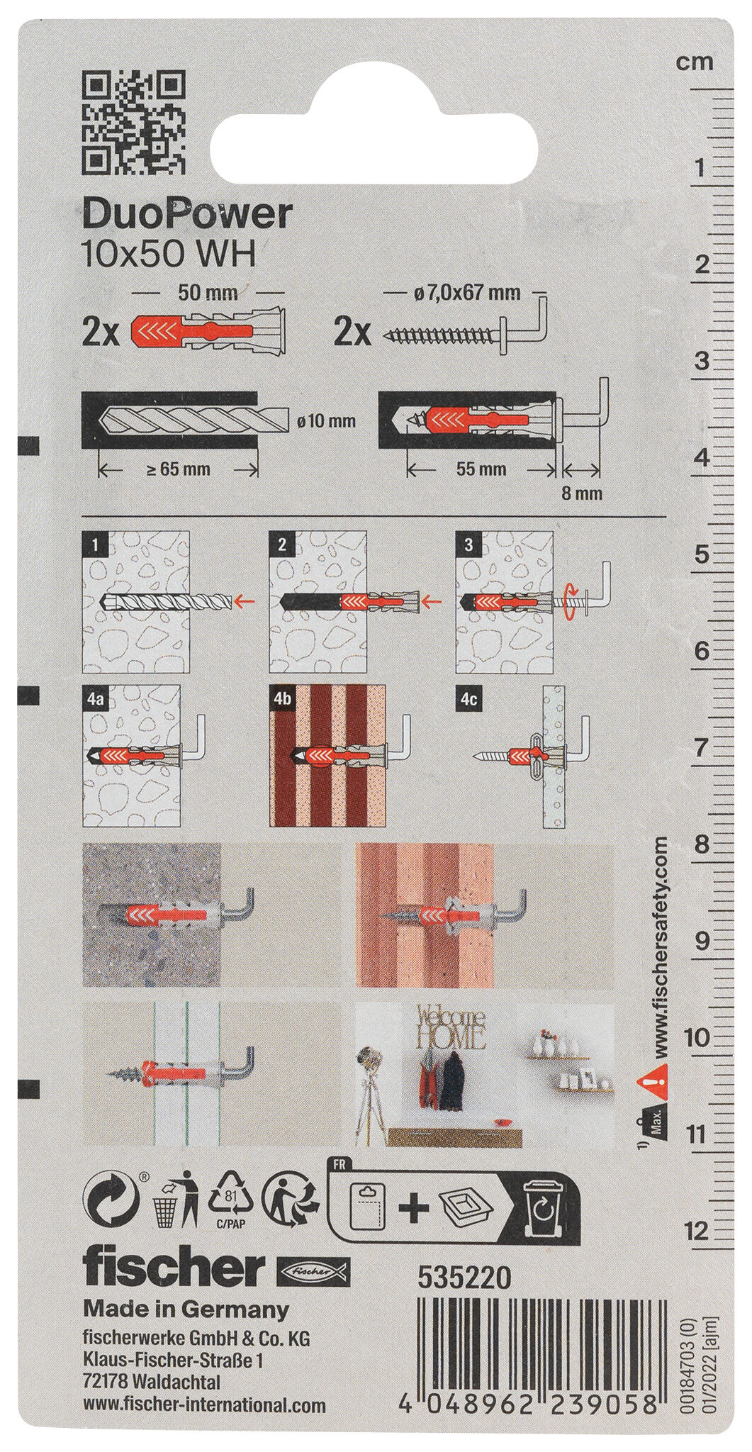 Packaging: "fischer DuoPower 10 x 50 WH with angle hook"