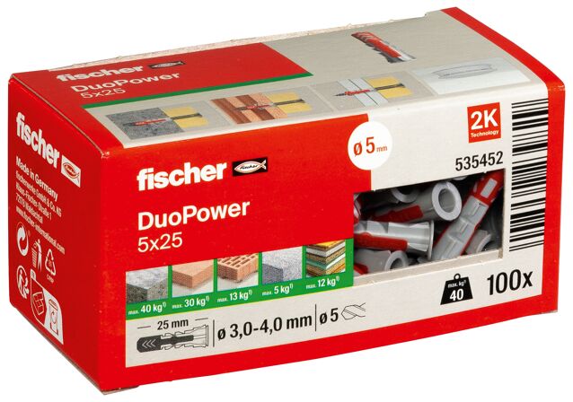 Packaging: "Cheville bi-matière DuoPower 5 x 25 sans vis, boîte à fenêtre"