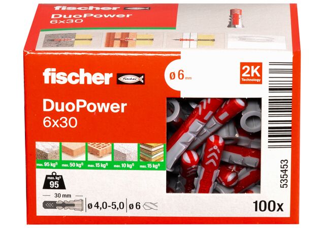Packaging: "Cheville bi-matière DuoPower 6 x 30 sans vis, boîte à fenêtre"