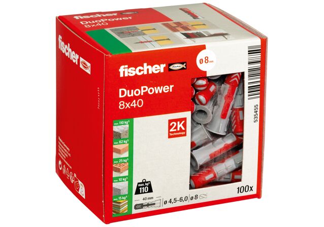 Packaging: "Cheville bi-matière DuoPower 8 x 40 sans vis, boîte à fenêtre"
