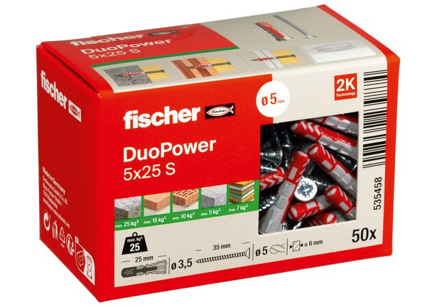 Packaging: "Cheville bi-matière DuoPower 5 x 25 S avec vis, boîte à fenêtre"