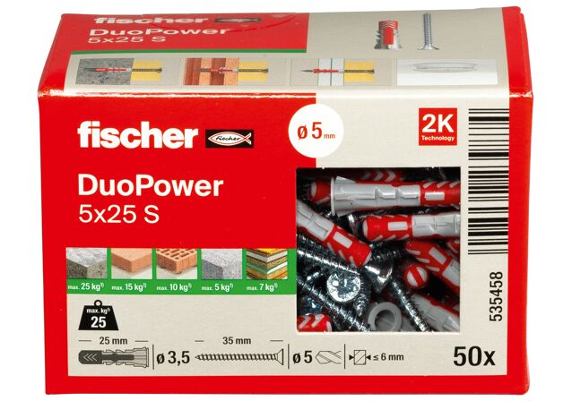 Packaging: "Cheville bi-matière DuoPower 5 x 25 S avec vis, boîte à fenêtre"