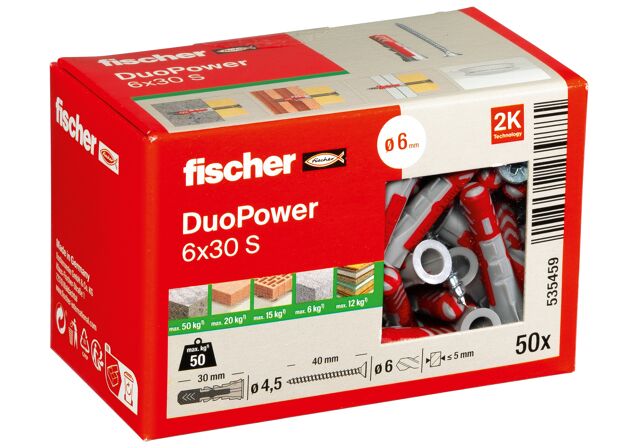 Συσκευασία: "fischer DuoPower 6x30 S Νάιλον βύσμα με βίδα"