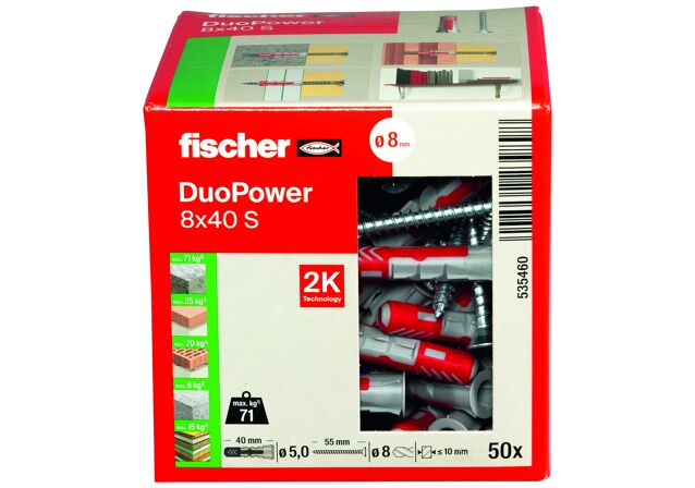 Packaging: "Cheville bi-matière DuoPower 8 x 40 S avec vis, boîte à fenêtre"