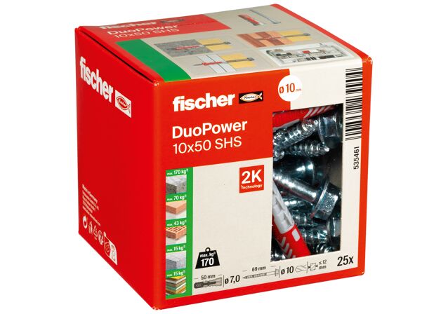 Packaging: "fischer DuoPower 10 x 50 S LD com parafuso de segurança"