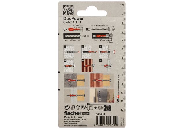 Packaging: "Cheville tous matériaux fischer DuoPower 8x40 S PH avec vis à tête ronde"