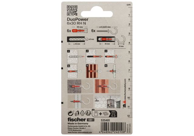 Συσκευασία: "fischer DuoPower 6x30 RH N Νάιλον βύσμα με γάντζο σε blister"