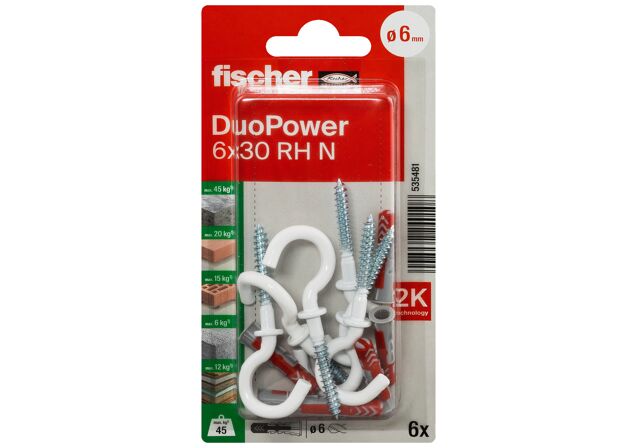 Packaging: "fischer DuoPower 6 x 30 RH with round hook, nylon coated"
