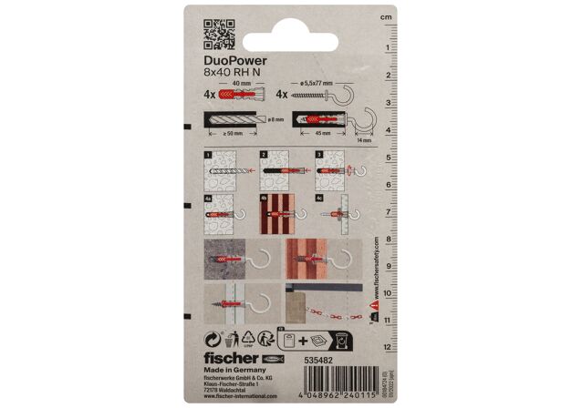 Packaging: "fischer DuoPower 8 x 40 RH with round hook, nylon coated"