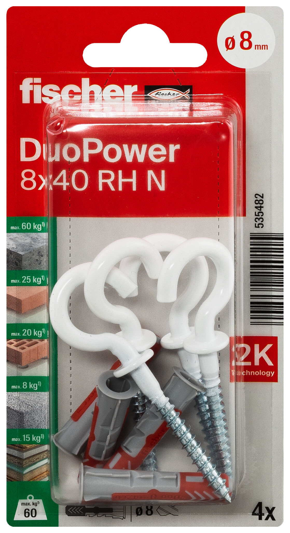 Packaging: "fischer DuoPower 8 x 40 RH with round hook, nylon coated"