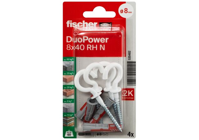 Packaging: "fischer DuoPower 8 x 40 RH with round hook, nylon coated"
