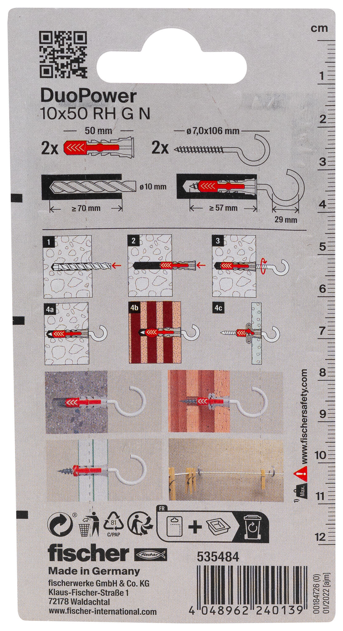 Packaging: "fischer DuoPower 10 x 50 RH G with round hook, nylon coated"