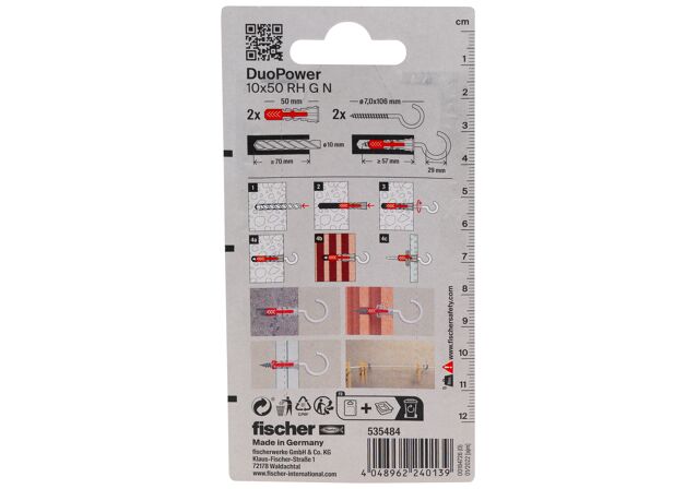Packaging: "fischer DuoPower 10 x 50 RH G with round hook, nylon coated"