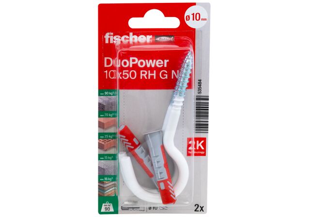 Emballasje: "fischer DuoPower universalplugg 10 x 50 RH G med rund krok, nylonbelagt (NOBB 51938176)"