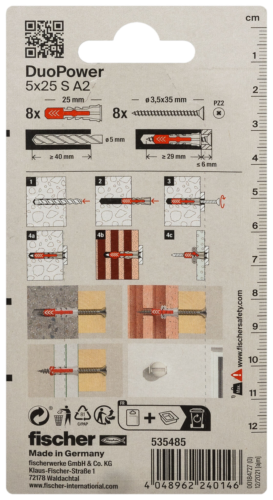 Packaging: "fischer DuoPower 5 x 25 S with screw A2 stainless steel"
