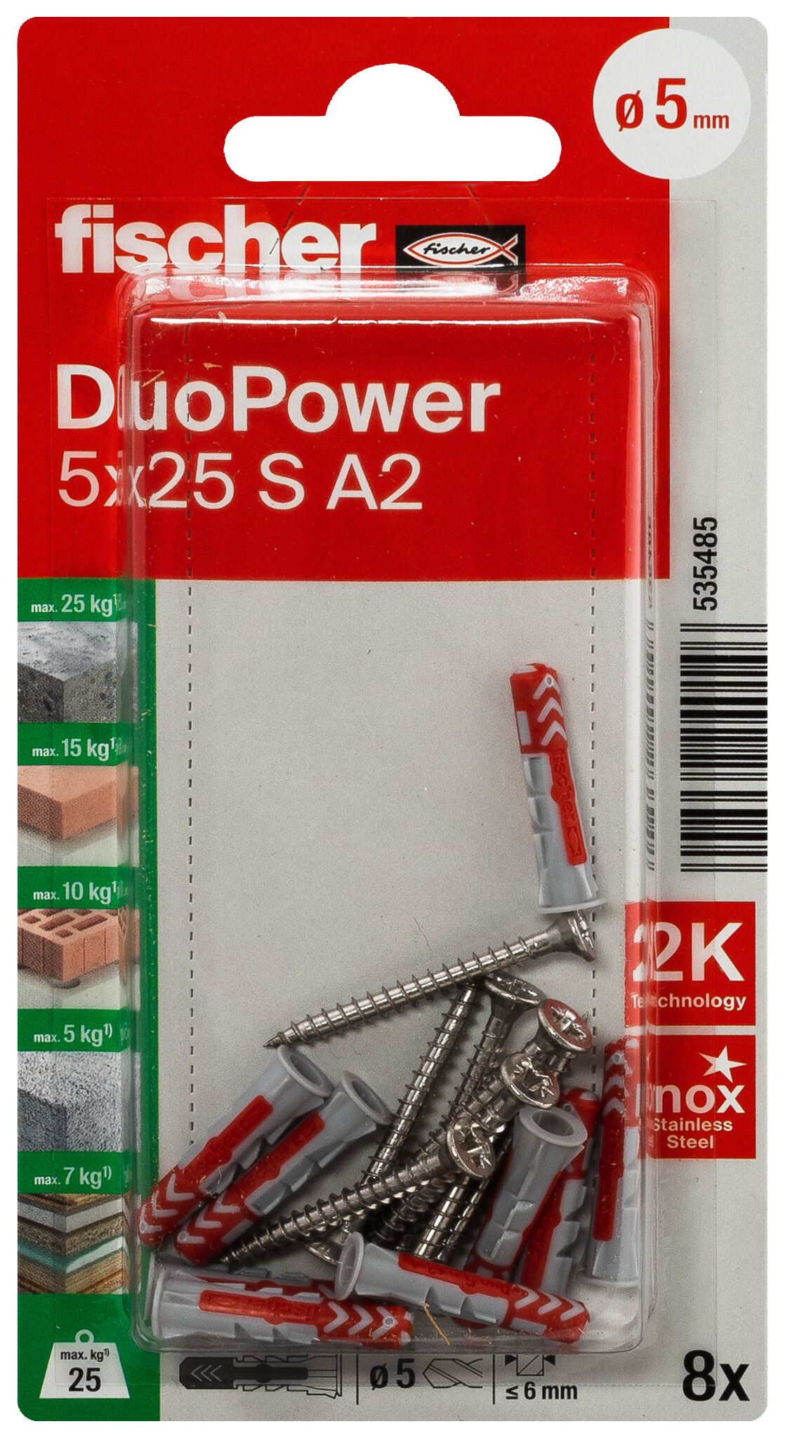 Packaging: "fischer DuoPower 5 x 25 S with screw A2 stainless steel"