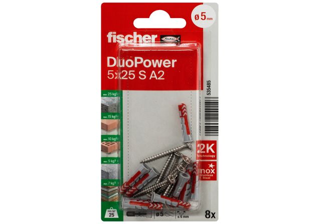 Packaging: "fischer DuoPower 5x25 met rvs A2 schroef"
