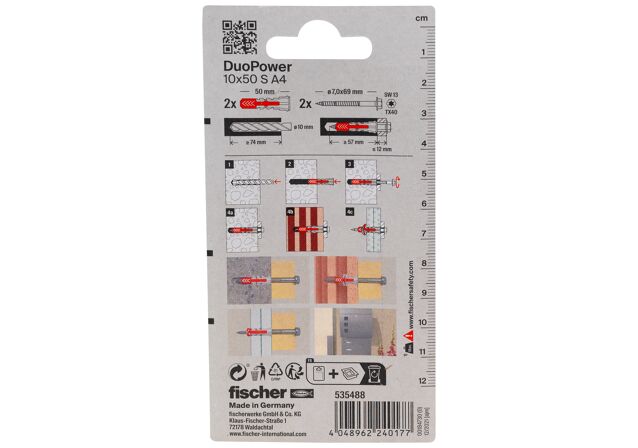 Packaging: "fischer DuoPower 10 x 50 S screw A4 stainless steel"