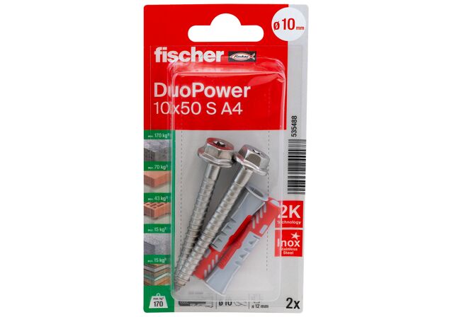 Packaging: "fischer DuoPower 10 x 50 S med tilhørende skrue i A4 rustfrit stål"