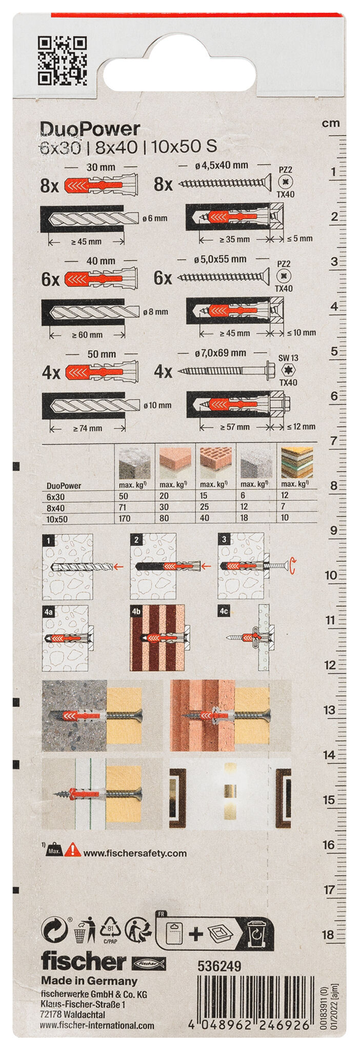 Packaging: "fischer DuoPower 6 / 8 / 10 S with screw"