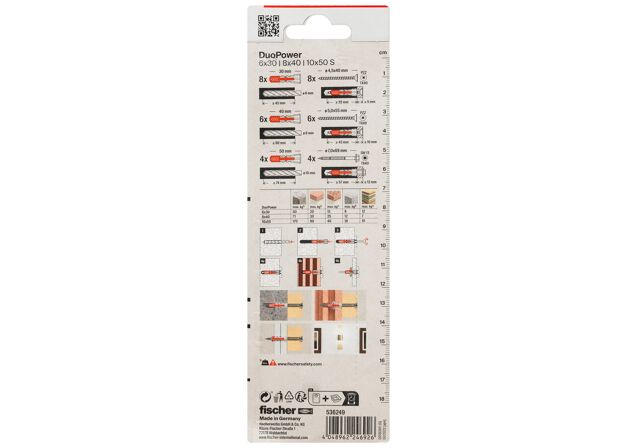 Packaging: "fischer DuoPower 6x30, 8x40 en 10x50 met schroef"