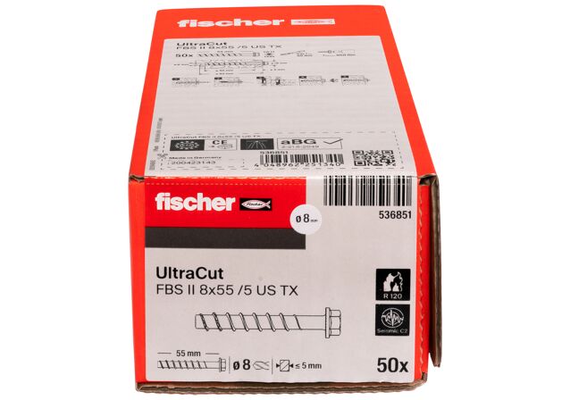 Emballasje: "fischer Betongskrue UltraCut FBS II 8 x 55 5/- US TX (NOBB 51557796)"