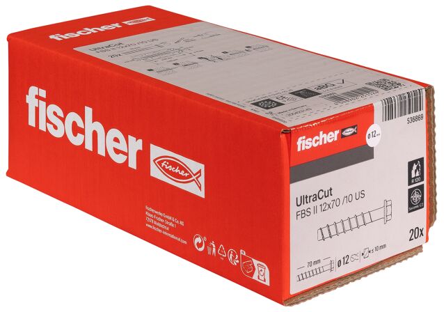Verpackung: "fischer UltraCut FBS II 12 x 70 10/-/- US Sechskant mit U-Scheibe"