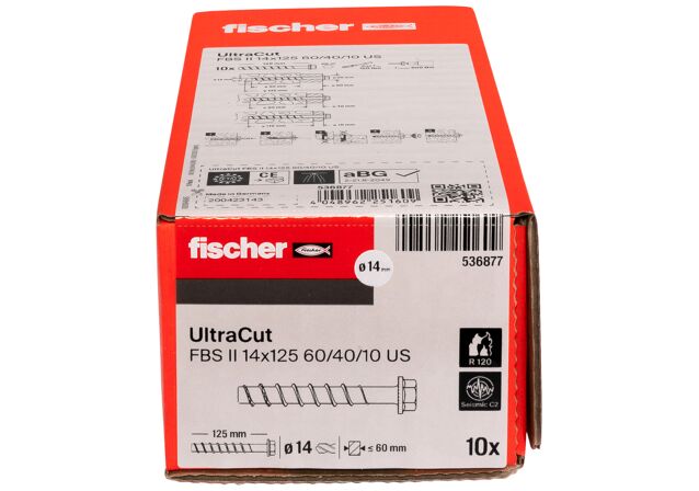 Packaging: "Vis à béton UltraCut FBS II 14x125 60/40/10 US à tête hexagonale"