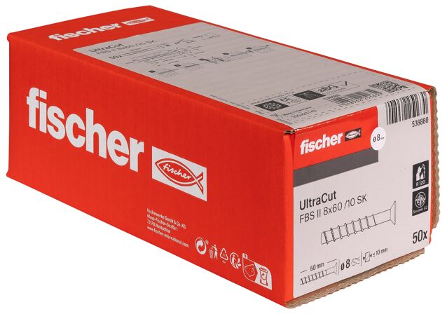 Emballasje: "fischer Betongskrue UltraCut FBS II 8 x 60 10/- SK med senkhode (NOBB 51557834)"