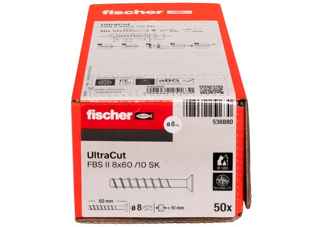 Emballasje: "fischer Betongskrue UltraCut FBS II 8 x 60 10/- SK med senkhode (NOBB 51557834)"