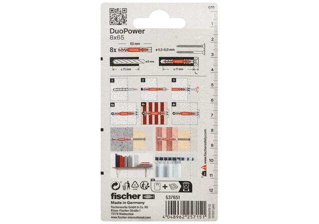 Packaging: "Cheville tous matériaux fischer DuoPower 8 x 65"