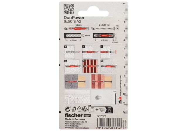 Packaging: "fischer DuoPower 6 x 50 S med skrue i A2 rustfrit stål"