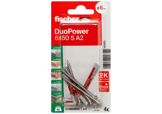 Packaging: "fischer DuoPower 6 x 50 S med skrue i A2 rustfrit stål"