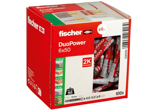 Packaging: "Cheville bi-matière DuoPower 6 x 50 sans vis, boîte à fenêtre"