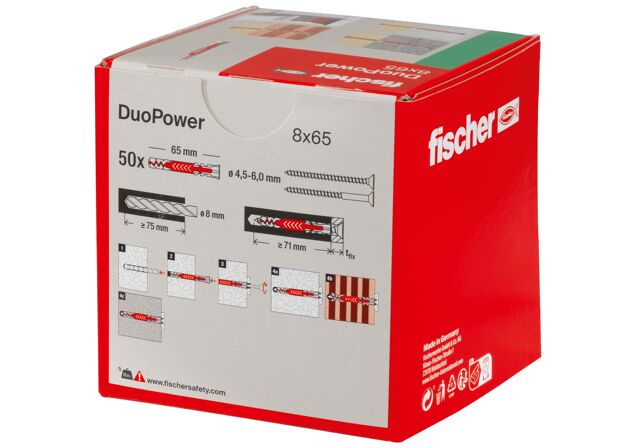 Packaging: "Cheville bi-matière DuoPower 8 x 65 sans vis, boîte à fenêtre"