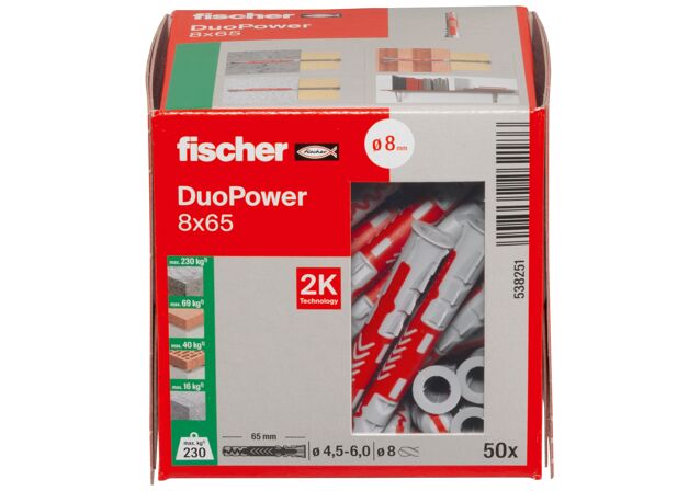 Packaging: "Cheville bi-matière DuoPower 8 x 65 sans vis, boîte à fenêtre"