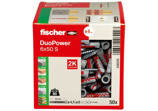 Packaging: "Cheville bi-matière DuoPower 6 x 50 S avec vis, boîte à fenêtre"